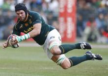 South Africa's Flip van der Merwe trips during their Rugby Championship match against Australia in Cape Town