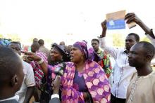 Supporters of presidential candidate Hama Amadou shout slogans outside the court of appeals building after Amadou's appeal for bail was rejected in Niamey, Niger, January 11, 2016. PHOTO BY REUTERS/Tagaza Djibo