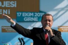 Turkish President Tayyip Erdogan gives a speech during an inauguration ceremony of a water pipeline project linking Turkey to northern Cyprus, in Myrtoy, October 17, 2015. PHOTO BY REUTERS/Yiannis Kourtoglou