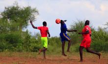 A South Sudanese refugee female football team plays soccer at the Palorinya Refugee Settlemnt Camp in Adjumani District, Uganda, June 15, 2017. PHOTO BY REUTERS/James Akena