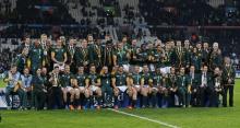 South Africa team pose for a photograph after receiving their bronze medals. PHOTO BY REUTERS/Peter Cziborra