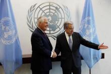 U.S. Secretary of State Rex Tillerson (L) greets UN Secretary General Antonio Guterres at United Nations (UN) headquarters in New York City, NY, U.S., April 28, 2017. PHOTO BY REUTERS/Lucas Jackson