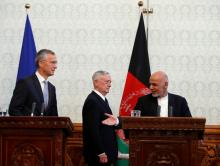 Afghanistan's president Ashraf Ghani (R) U.S. Defense Secretary James Mattis (C) and NATO secretary general Jens Stoltenberg arrive for a news conference in Kabul, Afghanistan. September 27, 2017. PHOTO BY REUTERS/Omar Sobhani