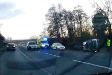 A view of the scene of car crash involving Prince Philip on A149 in Sandringham, Norfolk, Britain January 17, 2019 in this image obtained from a social media video on January 18, 2019. PHOTO BY REUTERS/DYLAN BAILEY