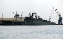 Two Iranian navy warships are seen docked at Port Sudan in the Red Sea state