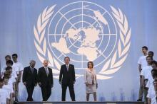 United Nations Secretary-General Ban Ki-moon enters the San Francisco City Hall rotunda with California Governor Jerry Brown (centre L), U.S. Representative Nancy Pelosi (D-CA) (R) and San Francisco Mayor Ed Lee (L) prior to a ceremony commemorating the 70th anniversary of the signing of the UN Charter in San Francisco, California June 26, 2015. PHOTO BY REUTERS/Elijah Nouvelage