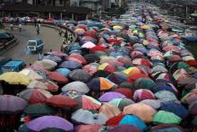 Street traders covers stalls with umbrellas along abandoned railway line in Nigeria's oil hub city of Port Harcourt, December 3, 2012. PHOTO BY REUTERS/Akintunde Akinleye