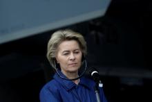 German Defense minister Ursula von der Leyen listens to media in Amari air base, Estonia, March 2, 2017. PHOTO BY REUTERS/Ints Kalnins