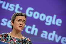 European Competition Commissioner Margrethe Vestager talks to the media at the European Commission headquarters in Brussels, Belgium, March 20, 2019. PHOTO BY REUTERS/Yves Herman