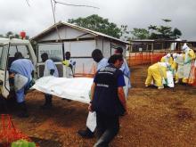 Volunteers carry bodies in a centre run by Medecins Sans Frontieres for Ebola patients in Kailahun