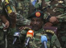 Libyan Army Special Forces Commander Wanis Bukhamada delivers a statement in Benghazi, May 19, 2014. PHOTO BY REUTERS/Esam Omran Al-Fetori