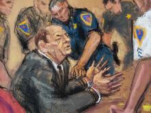 Film producer Harvey Weinstein is handcuffed after his guilty verdict in his sexual assault trial in the Manhattan borough of New York City, New York, U.S., February 24, 2020 in this courtroom sketch. PHOTO BY REUTERS/Jane Rosenberg