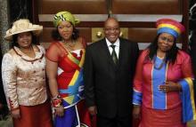 South African President Jacob Zuma poses for photographs with his three wives Sizakele Khumalo (R), Nompumelelo Ntuli (L) and Thobeka Mabhija after delivering his state-of-the-nation address in parliament in Cape Town, file. PHOTO BY REUTERS/Mike Hutchings