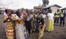 Congolese women displaced by recent fighting in North Kivu, sing and dance at the Mugunga III camp for the internally displaced people during a visit by officials from the U.N. Security Council in Goma, eastern Democratic Republic of Congo