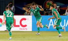 Algeria's Youcef Belaili celebrates scoring their first goal with Baghdad Bounedjah and Ismael Bennacer. PHOTO BY REUTERS/Amr Abdallah Dalsh