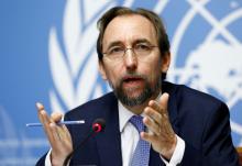 Zeid Ra'ad Al Hussein, U.N. High Commissioner for Human Rights gestures during a news conference at the United Nations Office in Geneva, Switzerland, August 30, 2017. PHOTO BY REUTERS/Denis Balibouse