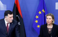 Libya's Prime Minister Fayez al-Sarraj and European Union foreign policy chief Federica Mogherini hold a joint news conference at the EU Commission headquarters in Brussels, Belgium, February 2, 2017. PHOTO BY REUTERS/Francois Lenoir