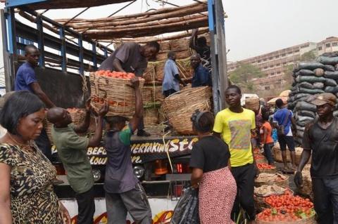 Workers unload tomatoes from a pick-up truck at a market in Enugu, Nigeria, February 24, 2016. PHOTO BY REUTERS/Stringer