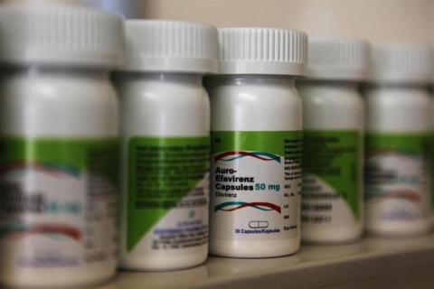 Anti-retroviral (ARV) drugs sit on a shelf in the pharmacy at the Ubuntu clinic in Cape Town's Khayelitsha township