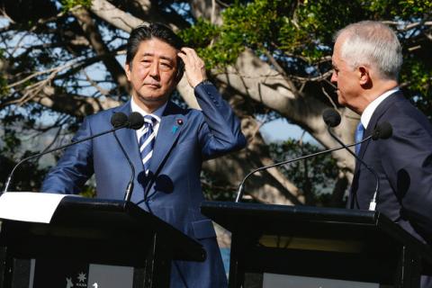 Japanese Prime Minister Shinzo Abe participates in a media conference with Australian Prime Minister Malcolm Turnbull after their bilateral meeting at Kirribilli House in Sydney, Australia, January 14, 2017. PHOTO BY REUTERS/Chris Pavlich