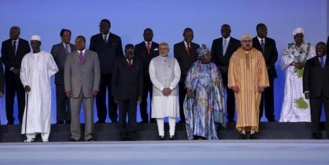 India's Prime Minister Narendra Modi (C) poses with his counterparts from African countries during the Inaugural Session of the India-Africa Forum Summit in New Delhi, India, October 29, 2015. PHOTO BY REUTERS/Adnan Abidi