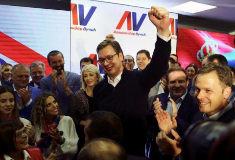 Serbian Prime Minister and presidential candidate Aleksandar Vucic celebrate his win at presidential election in his headquarters in Belgrade, Serbia, April 2, 2017. PHOTO BY REUTERS/Antonio Bronic