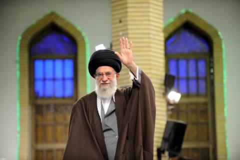 Iran's Supreme Leader Ayatollah Ali Khamenei waves as he arrives to address workers in Tehran, Iraq, April 27, 2016. PHOTO BY REUTERS/Leader.ir