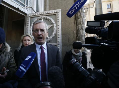 British Ambassador to Russia Laurie Bristow leaves the Russian Foreign Ministry in Moscow, Russia, March 17, 2018. PHOTO BY REUTERS/David Mdzinarishvili