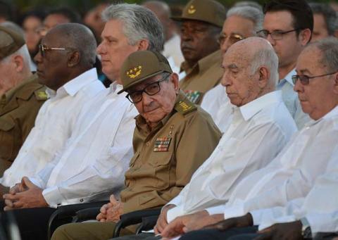 Cuban First Secretary of Communist Party Raul Castro Ruz (C) and President Miguel Diaz-Canel (2nd-L) during the celebration of 60th Anniversary of Cuban Revolution at Santa Ifigenia Cemetery in Santiago de Cuba, on January 01, 2019. PHOTO BY REUTERS/Yamil Lage/Pool