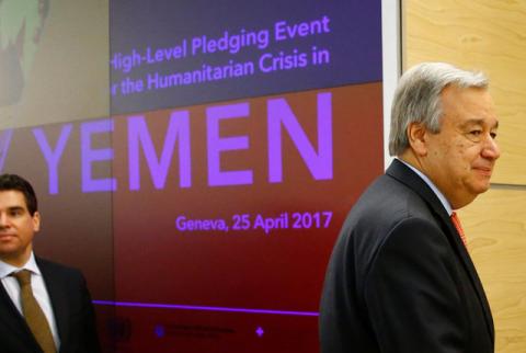 U.N. Secretary General Antonio Guterres attends the High-level Pledging Event for the Humanitarian Crisis in Yemen at the United Nations in Geneva, Switzerland, April 25, 2017. PHOTO BY REUTERS/Denis Balibouse