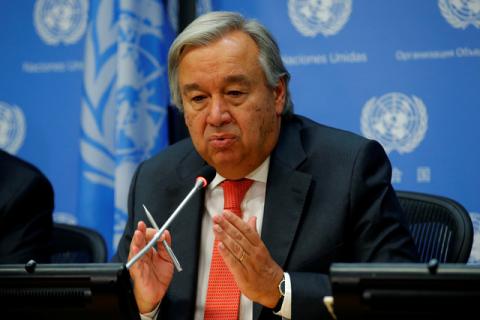 UN Secretary General Antonio Guterres speaks at a news conference ahead of the 72nd United Nations General Assembly at U.N. headquarters in New York, September 13, 2017. PHOTO BY REUTERS/Mike Segar