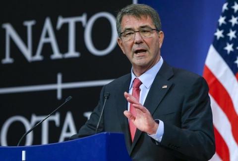 U.S. Secretary of Defense Ash Carter speaks at a news conference during a NATO Defence Ministers meeting at the Alliance's headquarters in Brussels, February 11, 2016. PHOTO BY REUTERS/Yves Herman