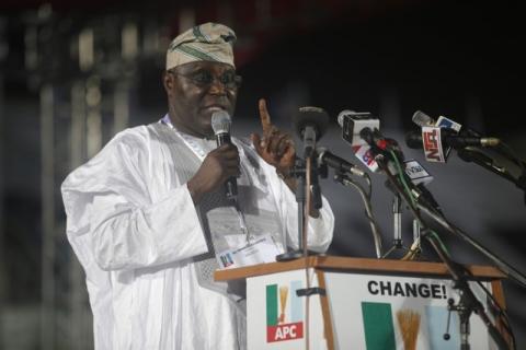 Presidential aspirant and Nigeria's former Vice-President Atiku Abubakar speaks as he presents his manifesto at All Progressives Congress (APC) party convention in Lagos early December 11, 2014. PHOTO BY REUTERS/Akintunde Akinleye