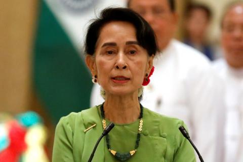 Myanmar State Counselor Aung San Suu Kyi talks during a news conference with India's Prime Minister Narendra Modi in Naypyitaw, Myanmar, September 6, 2017. PHOTO BY REUTERS/Soe Zeya Tun
