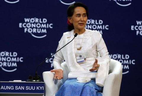 Myanmar's State Counsellor Aung San Suu Kyi speaks at the World Economic Forum on ASEAN at the National Convention Center in Hanoi, Vietnam, September 13, 2018. PHOTO BY REUTERS/Kham