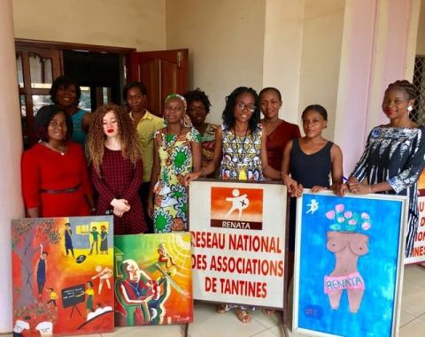 Some of the 'Aunties' from RENATA's Yaoundé group, posing with canvasses drawn by victims of rape and sexual abuse made as part of the art therapy workshops offered in the past in Yaoundé, Cameroon on May 15 2017. PHOTO BY REUTERS/Inna Lazareva