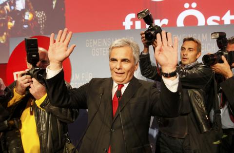 Austrian Chancellor and leader of the Social Democratic Party (SPOe) Werner Faymann addresses supporters