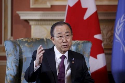 United Nations Secretary-General Ban Ki-moon speaks during a meeting with Canada's Governor General David Johnston (not pictured) at Rideau Hall in Ottawa, Canada, February 12, 2016. PHOYO BY REUTERS/Chris Wattie