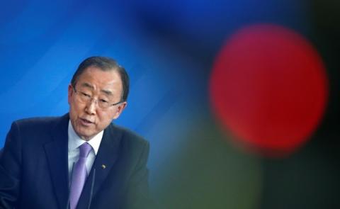 U.N. Secretary General Ban Ki-moon addresses a news conference follwing talks with German Chancellor Angela Merkel at the Chancellery in Berlin, Germany, March 8, 2016. PHOTO BY REUTERS/Fabrizio Bensch