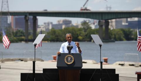 U.S. President Barack Obama speaks about transportation infrastructure during a visit to the Port of Wilmington in Wilmington, Delaware