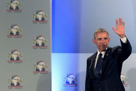 U.S. President Barack Obama gestures onstage after delivering remarks at the Global Entrepreneurship Summit at the United Nations compound in Nairobi, Kenya, July 25, 2015. PHOTO BY REUTERS/Noor Khamis