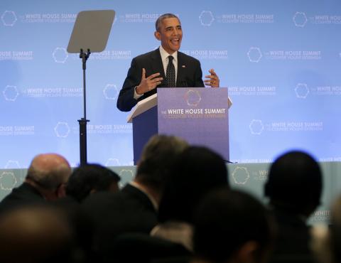 United States President Barack Obama delivers remarks at the State Department during the White House Summit on Countering Violent Extremism in Washington, February 19, 2015. PHOTO BY REUTERS/Gary Cameron
