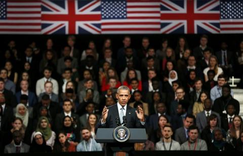 U.S. President Barrack Obama takes part in a Town Hall meeting at Lindley Hall in London, Britain, April 23, 2016. PHOTO BY REUTERS/Stefan Wermuth