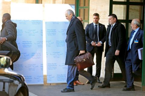 Syrian Ambassador to the U.N. Bashar al Jaafari leaves the the United Nation in Geneva, Switzerland, February 23, 2017. PHOTO BY REUTERS/Pierre Albouy