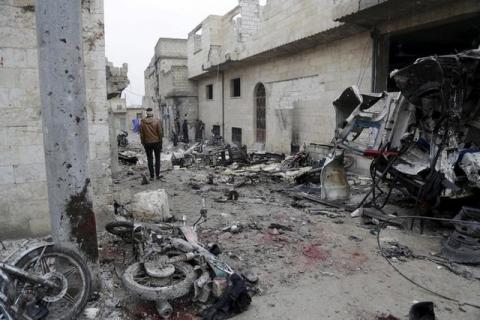 Bloodstains at a site hit by what activists said were three consecutive air strikes carried out by the Russian air force, the last which hit an ambulance, in the rebel-controlled area of Maaret al-Numan town in Idlib province, Syria, January 12, 2016. PHOTO BY REUTERS/Khalil Ashawi