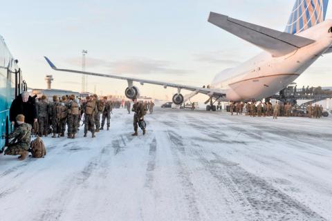 A Boeing 747 with some 300 U.S. Marines, who are to attend a six-month training to learn about winter warfare, lands in Stjordal, Norway, January 16, 2017. PHOTO BY REUTERS/NTB Scanpix/Ned Alley