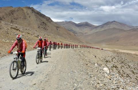 Buddhist nuns from the Drukpa lineage pictured in Ladakh during their cycle across the Himalayas to raise awareness about human trafficking of girls and women in the impoverished villages in Nepal and India, August 30, 2016. PHOTO BY REUTERS/Live To Love International