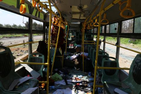 The interior of a damaged bus is seen after an explosion yesterday at insurgent-held al-Rashideen, Aleppo province, Syria April 16, 2017. PHOTO BY REUTERS/Ammar Abdullah