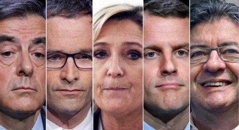 A combination picture shows five candidates for the French 2017 presidential election, from L-R, Francois Fillon, Benoit Hamon, Marine Le Pen, Emmanuel Macron and Jean-Luc Melenchon in Paris, France. PHOTO BY REUTERS/Charles Platiau