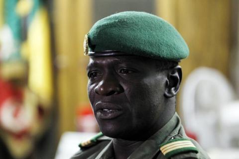 Mali's junta leader Captain Amadou Sanogo speaks to the media after agreeing to hand over power to the president of the National Assembly